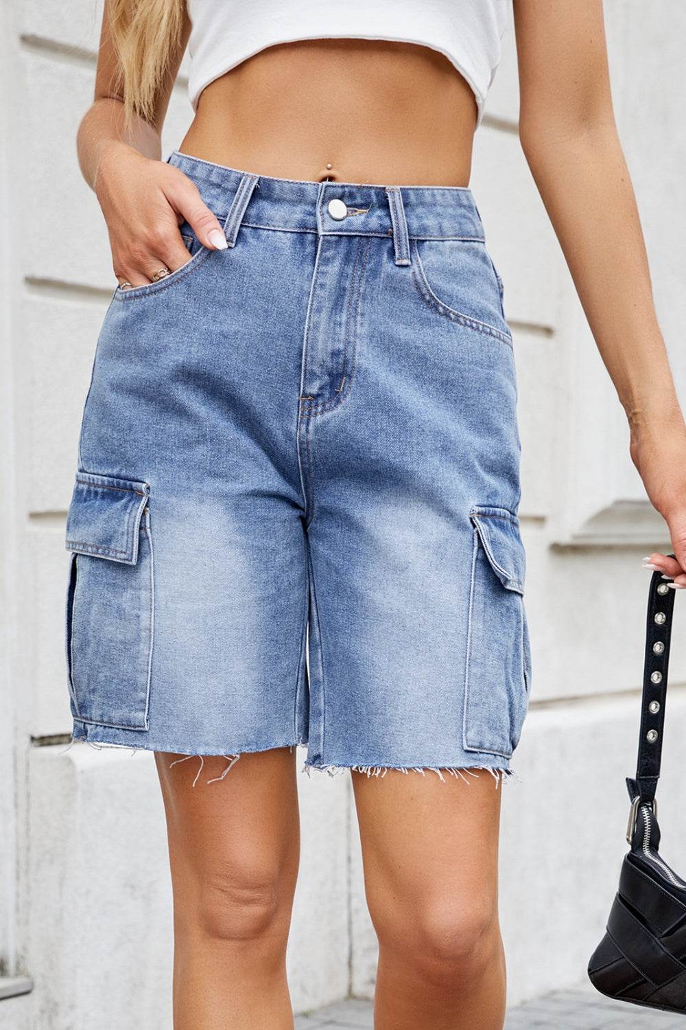 Raw Hem Washed Denim Shorts with Cargo Pockets - Hovatok