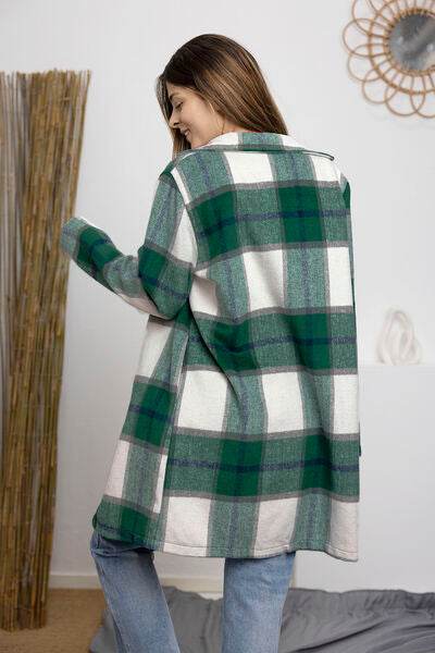 Double Take Full Size Plaid Button Up Lapel Collar Coat - Hovatok