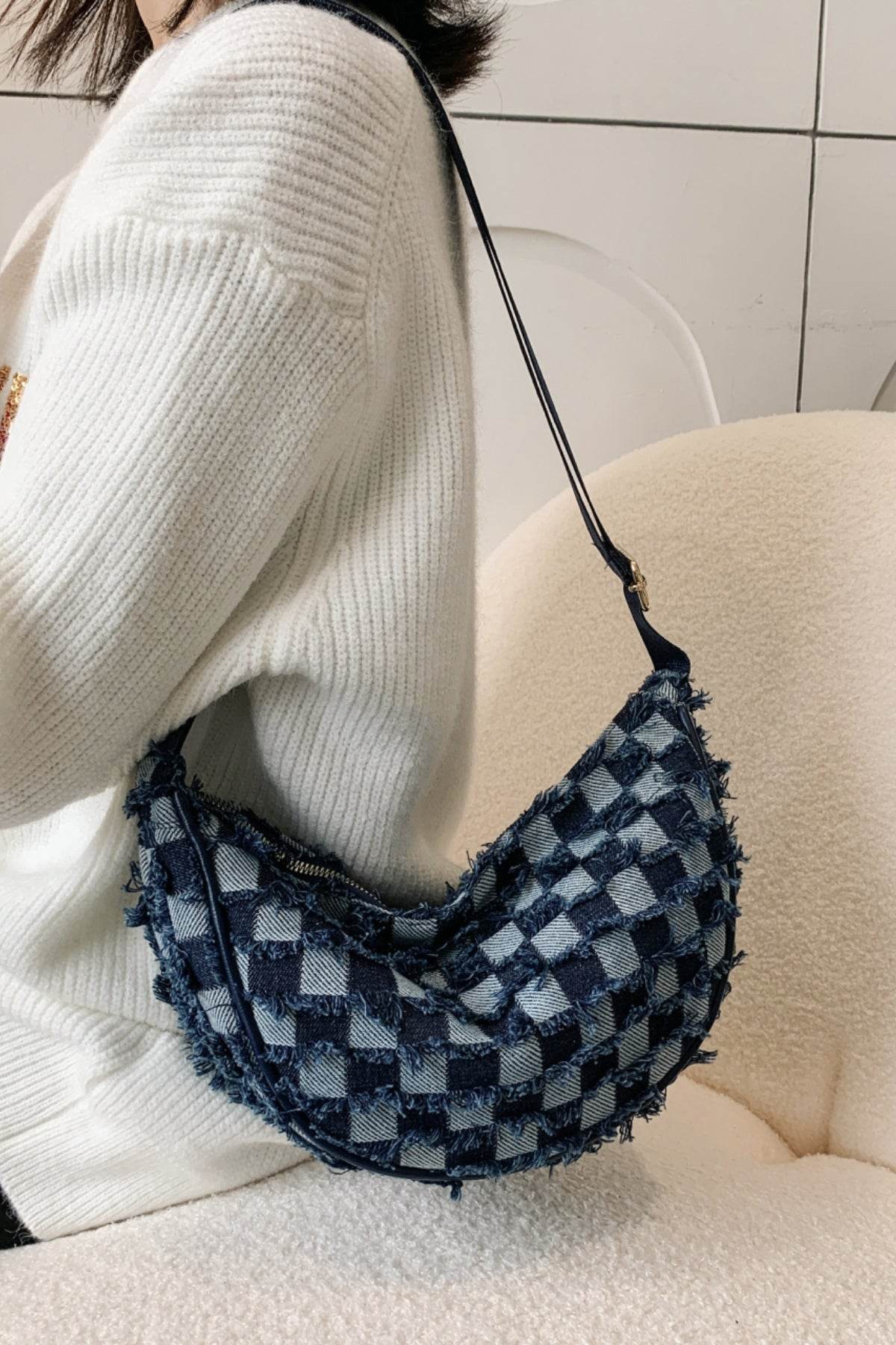 Raw Hem Checkered Denim Crossbody Bag - Hovatok
