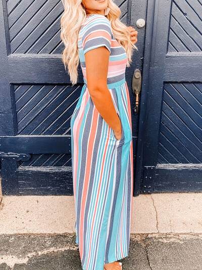 Full Size Striped Round Neck Short Sleeve Dress - Hovatok