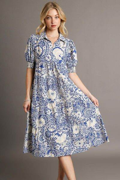 Umgee Full Size Printed Smocked Cuff Puff Sleeve Midi Dress Plus Size - Hovatok
