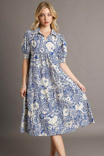 Umgee Full Size Printed Smocked Cuff Puff Sleeve Midi Dress Plus Size - Hovatok