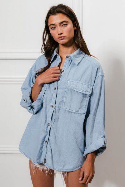 BiBi Button Down Stitch Detail Shirt with Chest Pockets - Hovatok