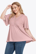 Plus Size Buttoned V-Neck Frill Trim Babydoll Blouse - Hovatok