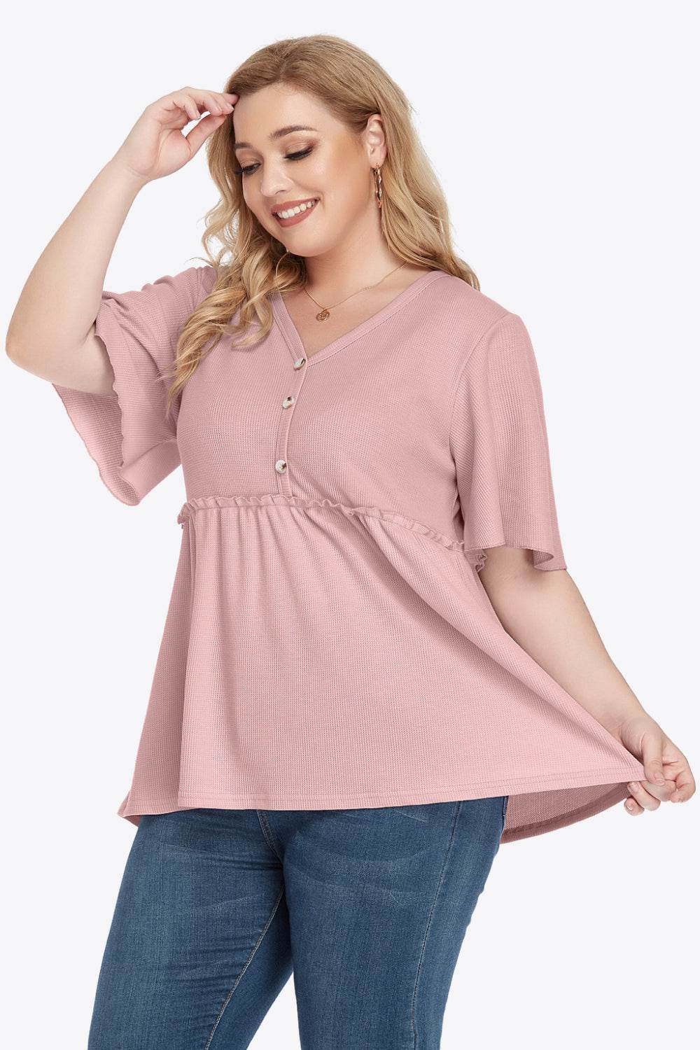 Plus Size Buttoned V-Neck Frill Trim Babydoll Blouse - Hovatok