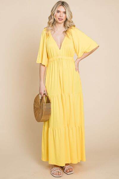 Culture Code Backless Plunge Half Sleeve Tiered Dress - Hovatok