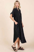 Mittoshop Mineral Wash V Neck Button Up Midi Shirt Dress - Hovatok