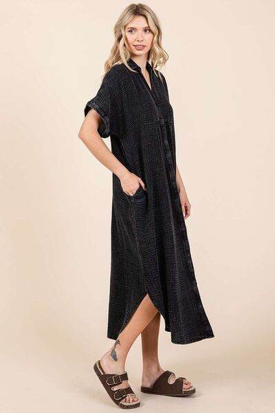 Mittoshop Mineral Wash V Neck Button Up Midi Shirt Dress - Hovatok