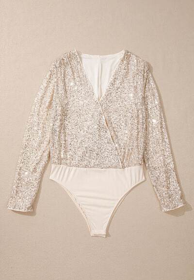 Sequin Surplice Long Sleeve Bodysuit - Hovatok