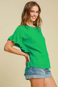 Umgee Full Size Raw Hem Ruffle Short Sleeve Blouse Plus Size - Hovatok