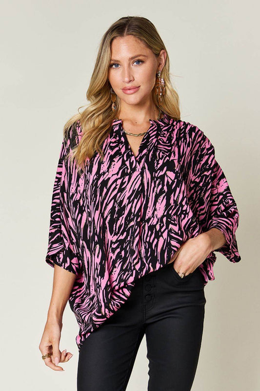 Double Take Full Size Printed Notched Three-Quarter Sleeve Blouse - Hovatok