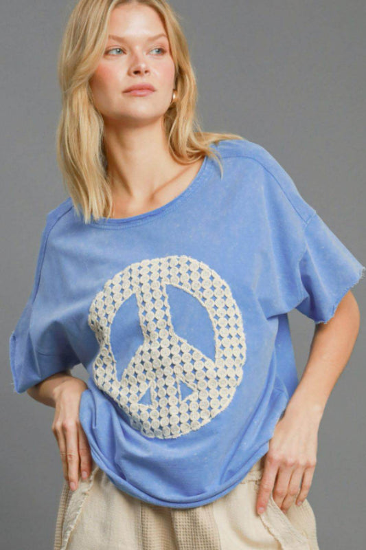Umgee Full Size Mineral Wash T-Shirt with Lace Applique Plus Size - Hovatok
