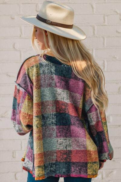 Double Take Full Size Exposed Seam Button Up Fleece Shacket - Hovatok