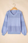 Openwork V-Neck Long Sleeve Sweater - Hovatok