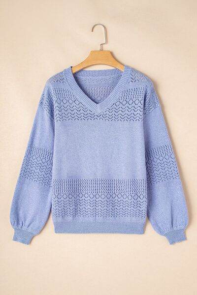 Openwork V-Neck Long Sleeve Sweater - Hovatok