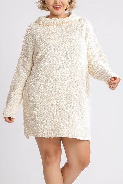 Umgee Full Size High Low Long Sleeve Boucle Sweater Dress Plus Size - Hovatok