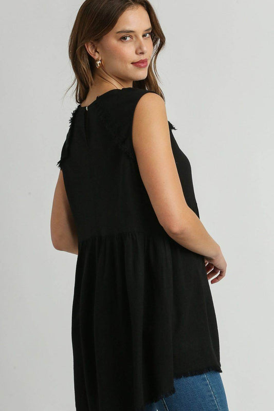 Umgee Full Size Raw Hem Linen Round Neck Sleeveless Top Plus Size - Hovatok