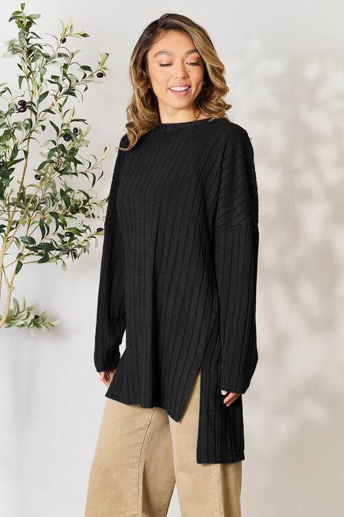 Basic Bae Full Size Ribbed Round Neck Long Sleeve Slit Top - Hovatok