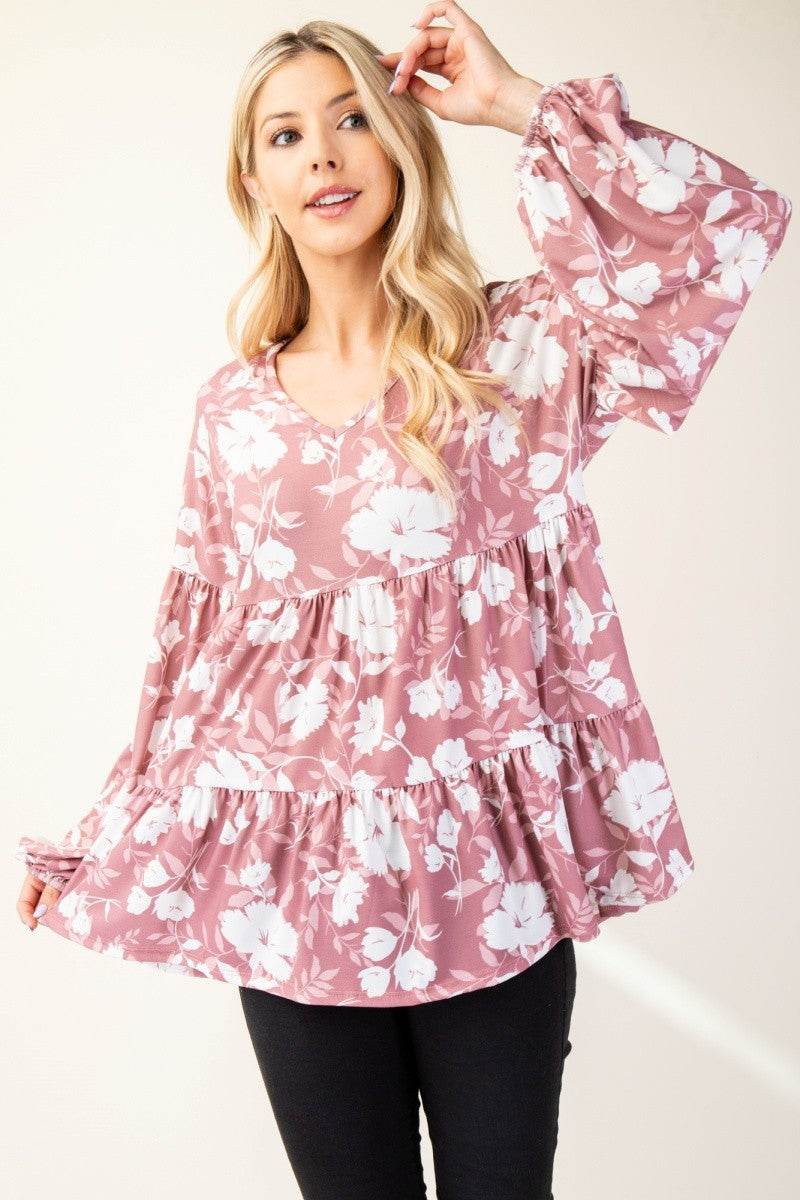 Celeste Full Size Tiered Floral V-Neck Long Sleeve Blouse - Hovatok