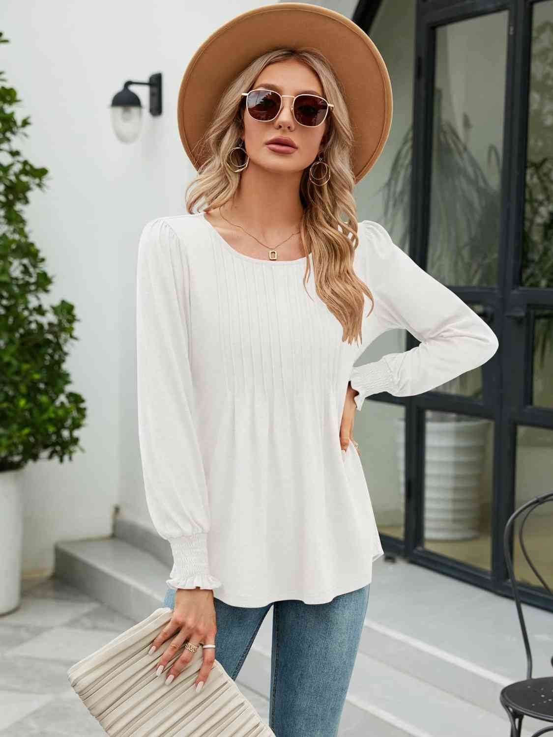 Smocked Round Neck Lantern Sleeve Blouse - Hovatok