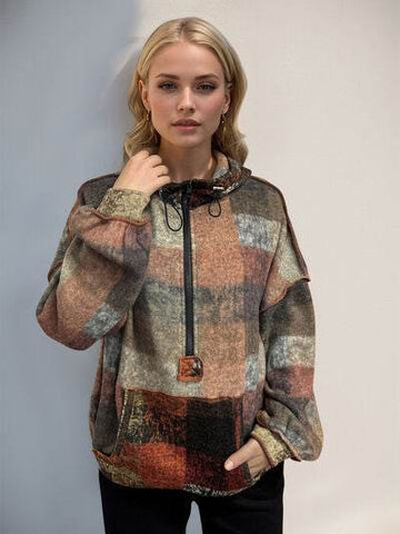 Double Take Full Size Half Zip Exposed Seam Fleece Hoodie - Hovatok