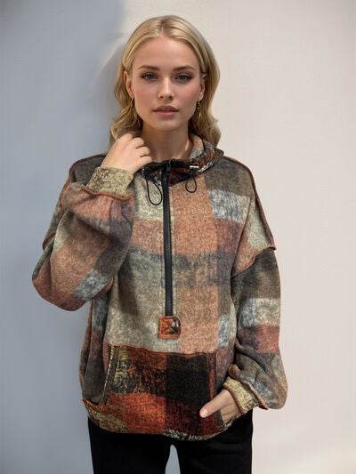 Double Take Full Size Half Zip Exposed Seam Fleece Hoodie - Hovatok