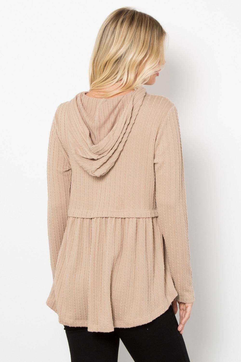 Be Stage Full Size Long Sleeve Peplum Cable Knit Hoodie - Hovatok
