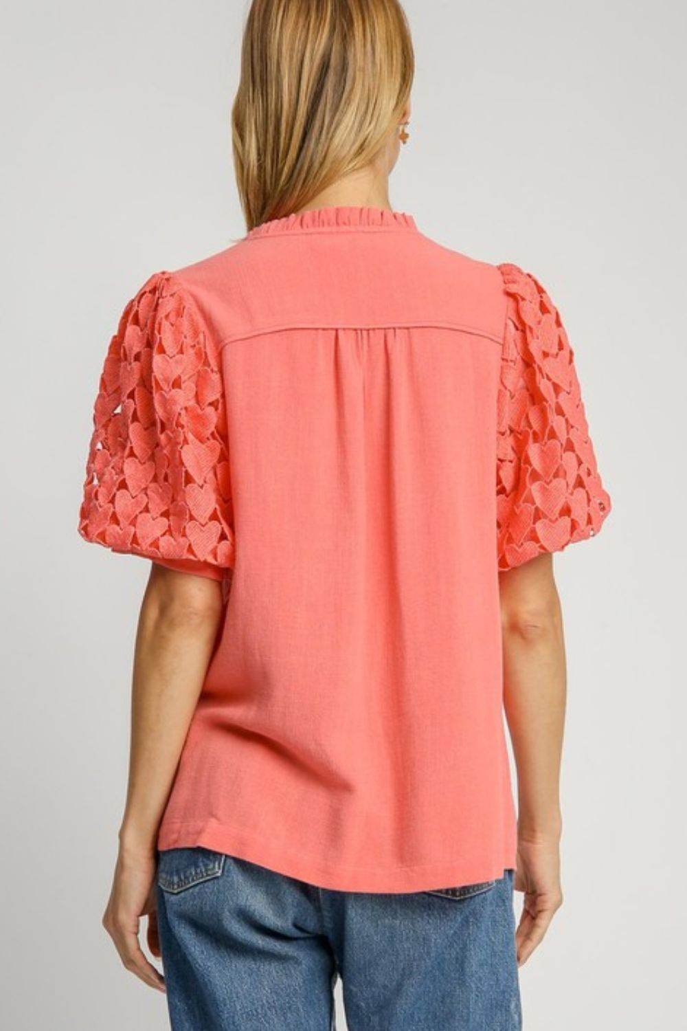 Umgee Full Size Heart Lace Sleeve Ruffle Collar Top Plus Size - Hovatok