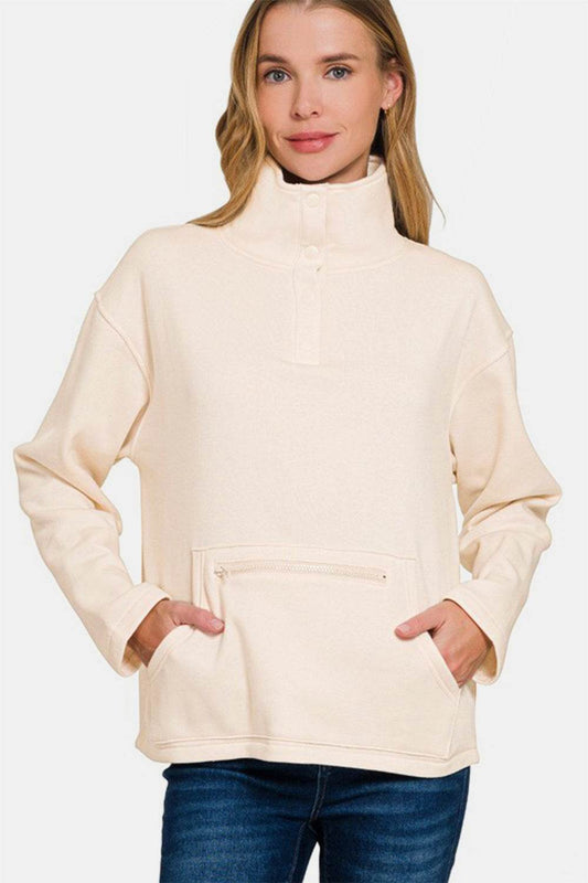 Zenana Turtleneck Half Snap Fleece Sweatshirt - Hovatok