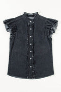 Button Down Raw Hem Ruffled Denim Shirt - Hovatok