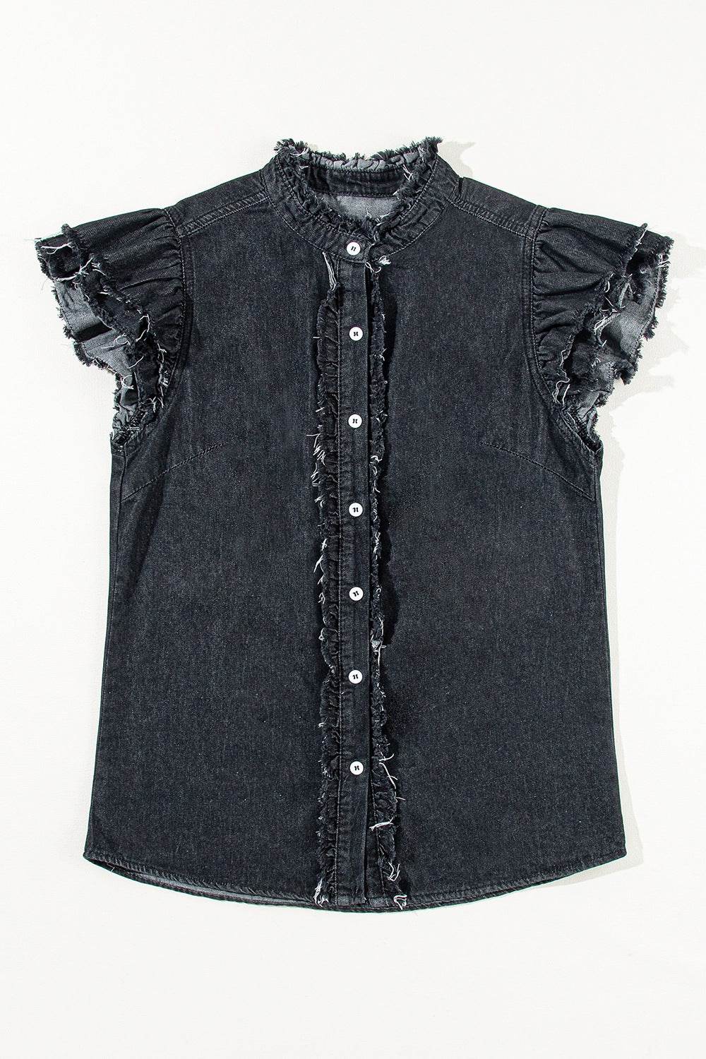 Button Down Raw Hem Ruffled Denim Shirt - Hovatok