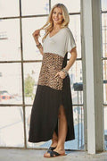 Celeste Full Size Leopard Color Block Short Sleeve Slit Maxi Dress with Pockets - Hovatok