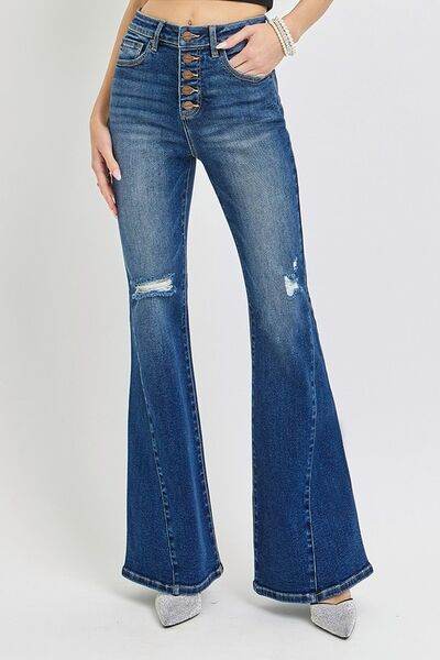 RISEN Distressed Button-Fly Flare Jeans - Hovatok