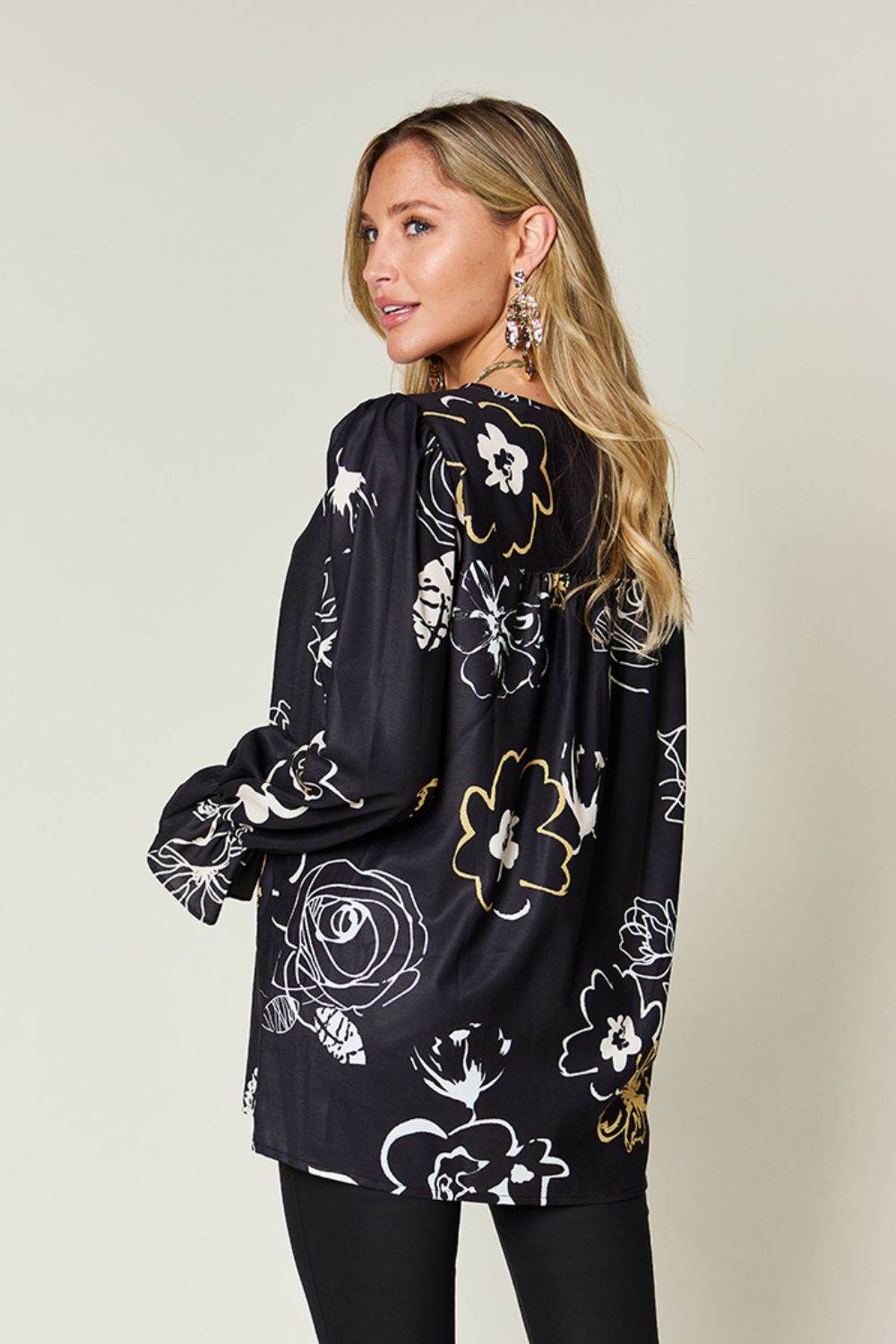 Double Take Full Size Printed Flounce Sleeve Blouse - Hovatok