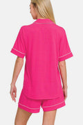 Zenana Button Down Short Sleeve Top and Shorts Lounge Set - Hovatok