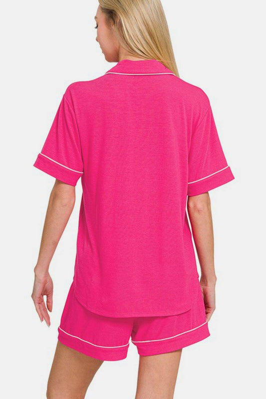 Zenana Button Down Short Sleeve Top and Shorts Lounge Set - Hovatok