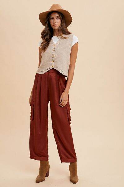 Annie Wear Wide Leg Cargo Satin Pants - Hovatok