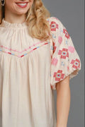 Umgee Full Size Embroidered Puff Sleeve Mock Neck Top Plus Size - Hovatok