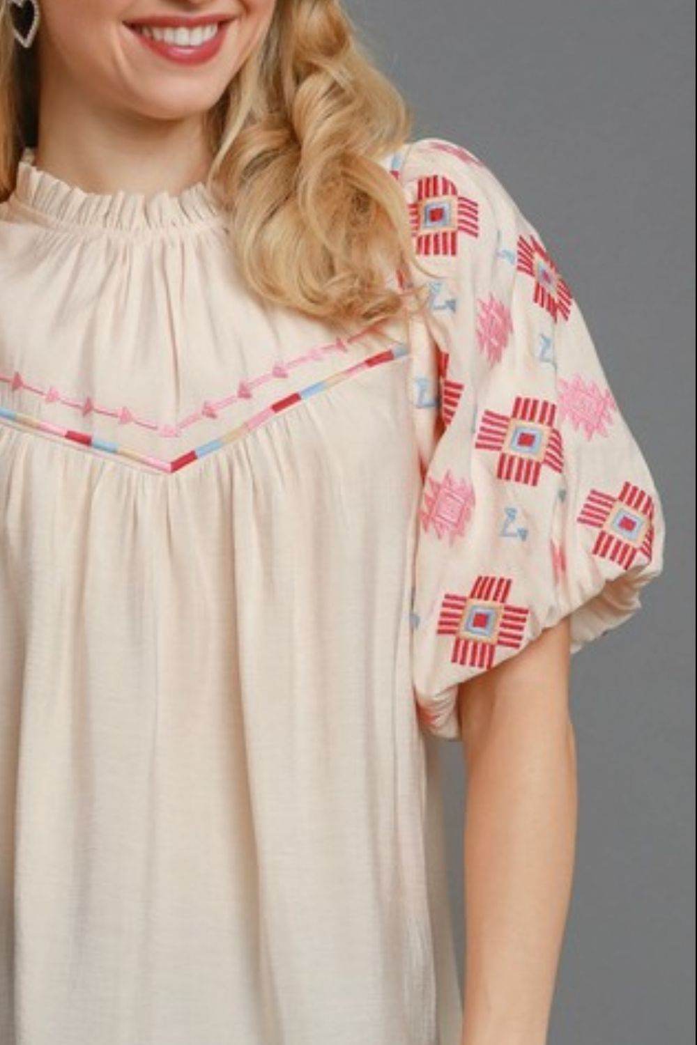 Umgee Full Size Embroidered Puff Sleeve Mock Neck Top Plus Size - Hovatok
