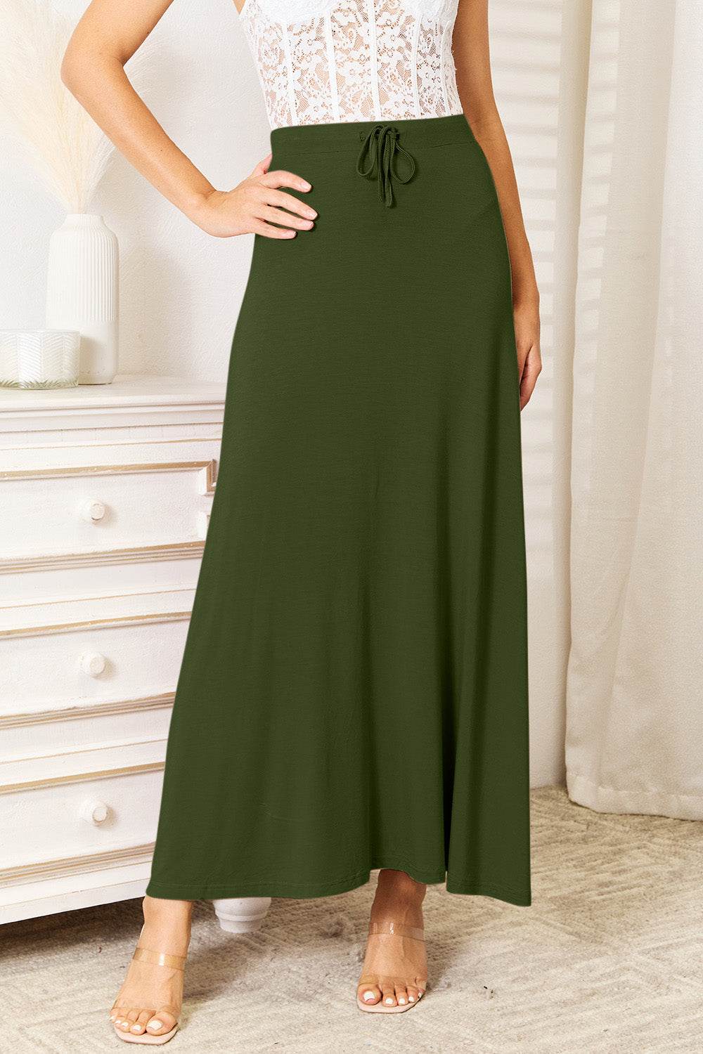 Double Take Full Size Soft Rayon Drawstring Waist Maxi Skirt - Hovatok