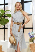 ADORA Striped Button Down Sleeveless Midi Dress - Hovatok