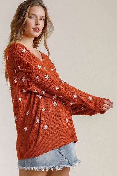 Umgee Full Size Star V-Neck Long Sleeve Sweater Plus Size - Hovatok