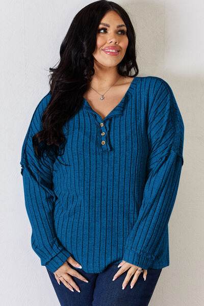 Basic Bae Full Size Ribbed Half Button Long Sleeve T-Shirt - Hovatok
