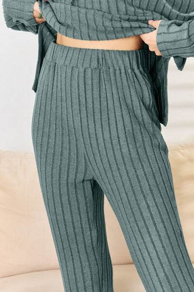 Basic Bae Full Size Ribbed Drawstring Hooded Top and Straight Pants Set - Hovatok