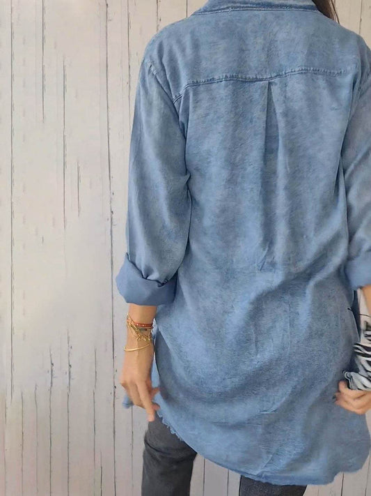 Full Size Raw Hem Button Up Long Sleeve Denim Top Plus Size - Hovatok