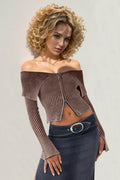 Double Take Ribbed Off-Shoulder Zip Up Long Sleeve Cardigan - Hovatok