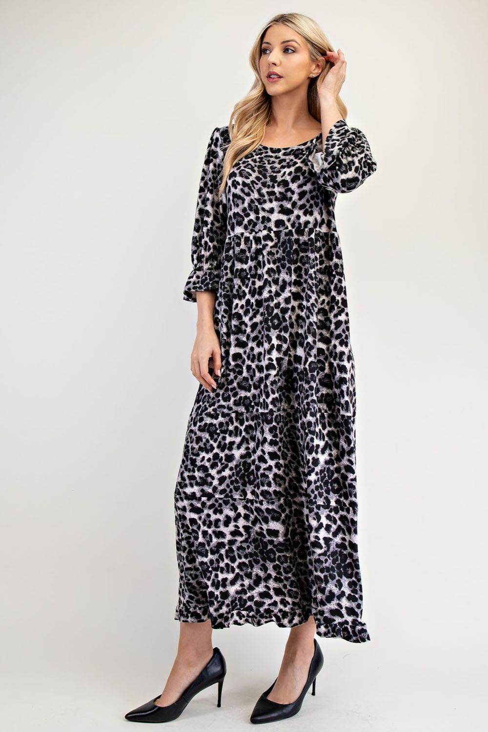 Celeste Full Size Leopard Round Neck Flounce Sleeve Dress - Hovatok