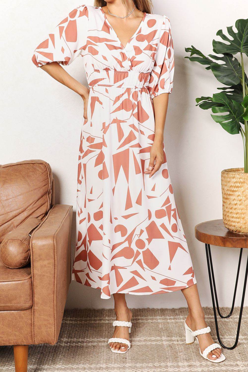 Printed Surplice Balloon Sleeve Dress - Hovatok