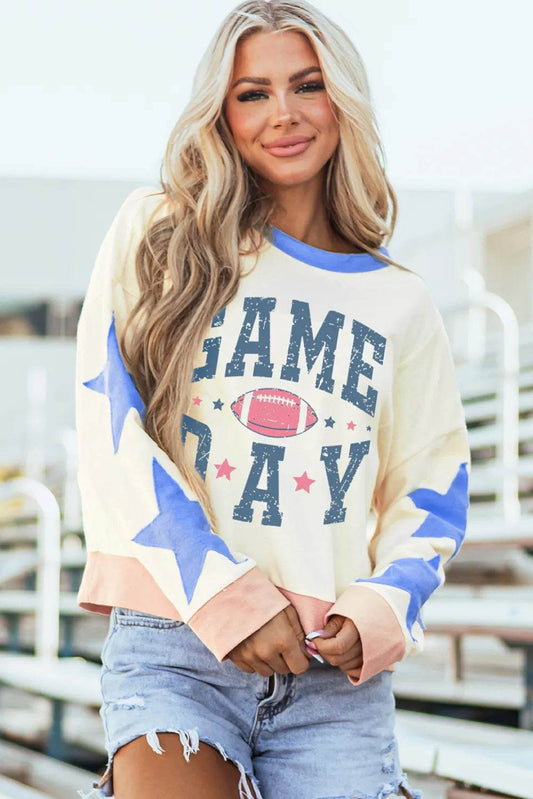 GAME DAY Star Patch Round Neck Long Sleeve Sweatshirt - Hovatok