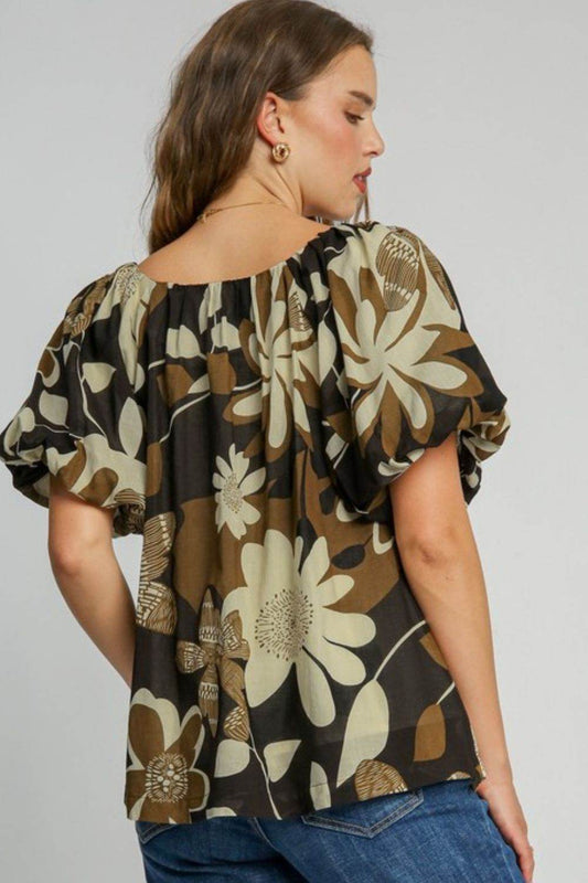 Umgee Full Size Print Round Neck Puff Sleeve Top Plus Size - Hovatok